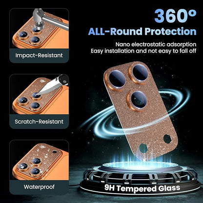 Uyiton for iPhone 17-Pro Camera-Lens Protector: Bling [Not Easy to Break][Strong Adsorption][Case-Friendly] Metal Tempered Glass Rear Camera Screen Cover - Glitter Orange