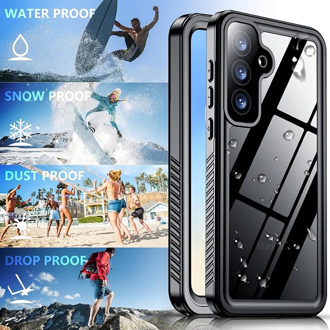 SPIDERCASE Designed for Samsung Galaxy S25 FE Case Waterproof,Built-in Screen & Camera Lens Protector[IP68 Underwater][Military Grade Shockproof] Full Body Protection Phone Case, Black/Clear