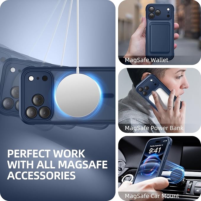 BERFY for iPhone 17 Pro Case, Compatible with MagSafe, Built-in Glass Screen Protector, Camera Protection, Shockproof Full Body Phone case 6.3", Clear Deep Blue