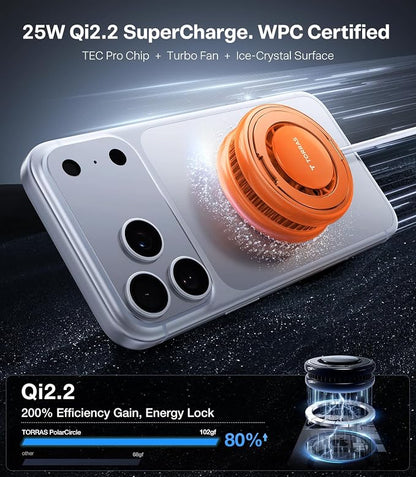 TORRAS PolarCircle Qi2.2 Wireless Charger, 25W Cooling Magnetic Pad for iPhone 17/16, Wireless Charger for Samsung Galaxy S26/S25 with 360°Spin Stand, Semiconductor Game Cooler, with 45W IceNano Plug