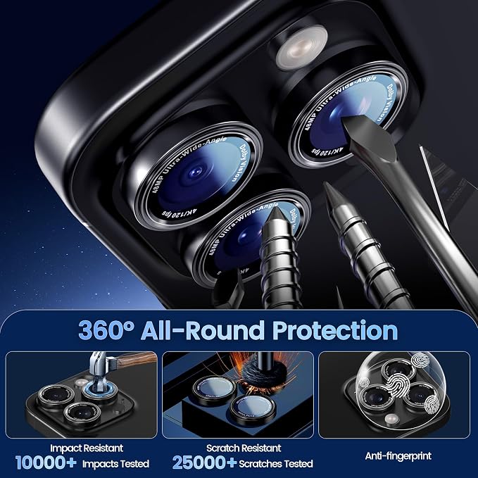CACOE Camera Lens Protector for iPhone 17ProMax/17Pro/16ProMax/16Pro/15ProMax/15Pro/14ProMax/14Pro, [Anti-Scratch] [Drop-Proof][Strong-Adhesion] Camera Screen Cover(Black)