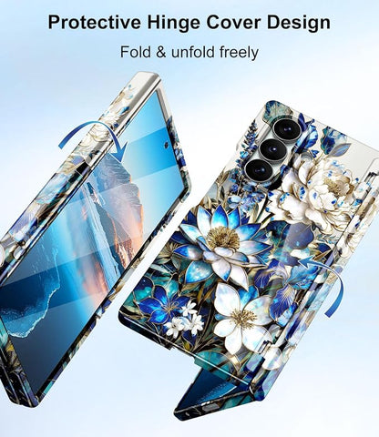 Btscase for Samsung Galaxy Z Fold 7 Case,Built in Front Screen Protector,Gold Glitter Marble Pattern Hard PC Slim Shockproof Full Body Drop Protective Case for Galaxy Z Fold 7 5G, Blue Floral
