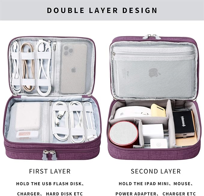 Mygreen Electronic Accessories Organizer Bag, Waterproof Double Layer Travel Storage Case with Adjustable Padded Dividers, Portable Hard Pouch for Cables, Charger, Power Bank, Phone, Hard Drive Purple