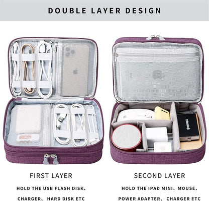 Mygreen Electronic Accessories Organizer Bag, Waterproof Double Layer Travel Storage Case with Adjustable Padded Dividers, Portable Hard Pouch for Cables, Charger, Power Bank, Phone, Hard Drive Purple
