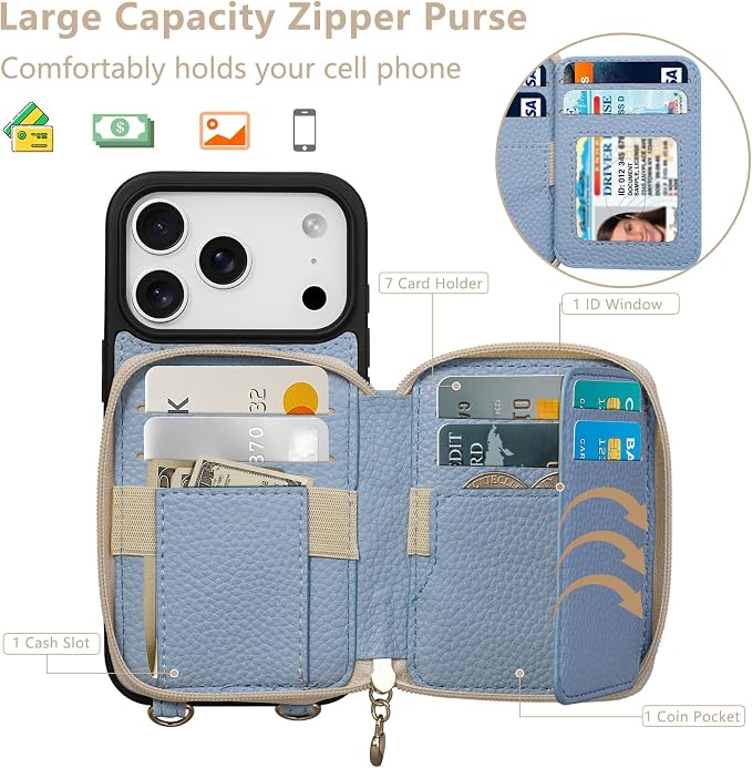 Keallce Case for iPhone 17 Pro 6.3'' Case Wallet, Crossbody Zipper Purse with RFID Blocking Card Slots Kickstand, Lanyard & Handstrap Flip Folio Leather Phone Cover for iPhone 17 Pro, Blue