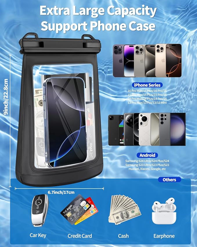 Extra Large Size Waterproof Phone Pouch - [Floating] Water Proof Pouch for iPhone Galaxy Google and More, IPX8 Waterproof Dry Bag for Beach Vacation Belongings Clear Black