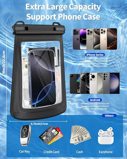 Extra Large Size Waterproof Phone Pouch - [Floating] Water Proof Pouch for iPhone Galaxy Google and More, IPX8 Waterproof Dry Bag for Beach Vacation Belongings Clear Black