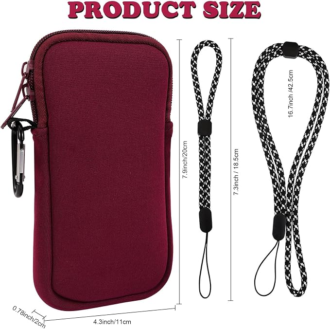 Pwsap Phone Sock,Universal Shock Impact Resistant Large Neoprene Phone Pouch Bag with Carabiner and Lanyard Strap Sleeve Case for Hiking Travelling Fits Phones up to 7.5 Inches,Wine Red,L