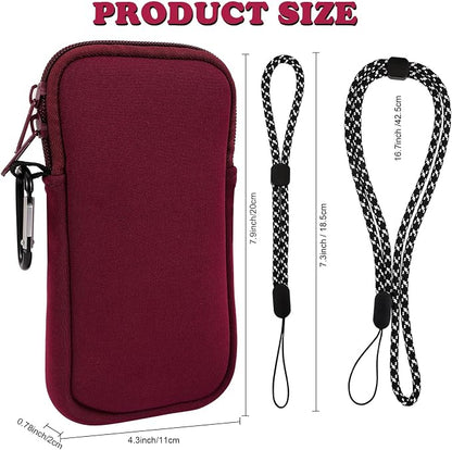 Pwsap Phone Sock,Universal Shock Impact Resistant Large Neoprene Phone Pouch Bag with Carabiner and Lanyard Strap Sleeve Case for Hiking Travelling Fits Phones up to 7.5 Inches,Wine Red,L