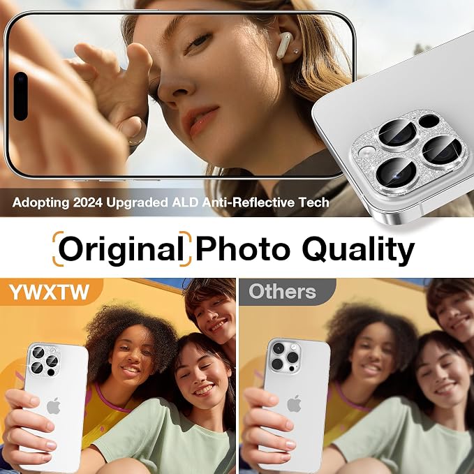 YWXTW for iPhone 16 Pro/iPhone 16 Pro Max Camera Lens Protector, [New Glitter Design] Full Bling Sparkly Diamond Tempered Glass Screen Protector Metal Camera Cover Accessories (White Titanium)