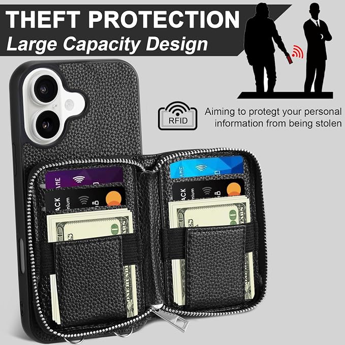 XANGNIER Wallet Case for iPhone 17 with Strap, RFID Blocking PU Leather Crossbody Phone Purse with Card Holder, Zipper Pocket, Wrist Strap & Adjustable Lanyard for Women 6.3" 5G, Black