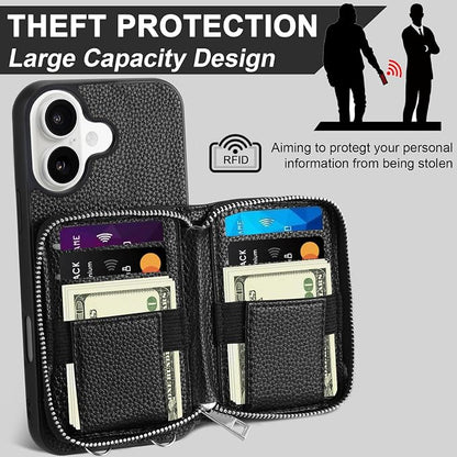 XANGNIER Wallet Case for iPhone 17 with Strap, RFID Blocking PU Leather Crossbody Phone Purse with Card Holder, Zipper Pocket, Wrist Strap & Adjustable Lanyard for Women 6.3" 5G, Black