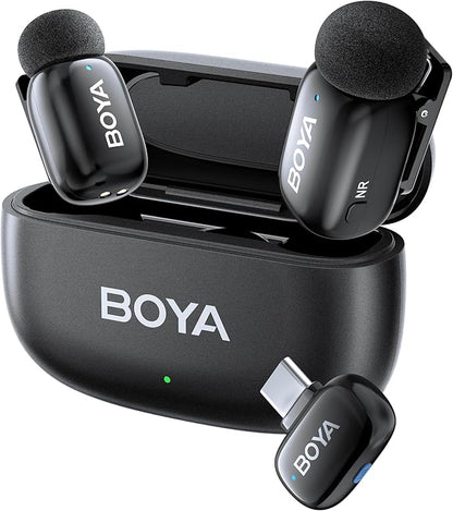 BOYA Mini USB-C Wireless Lavalier Microphone for Andriod iPhone 16/15, Ultra Mini Lapel Mics with AI Voice Switching, Noise Reduction and Charging Case, Metal Clip for TikTok Content Creators