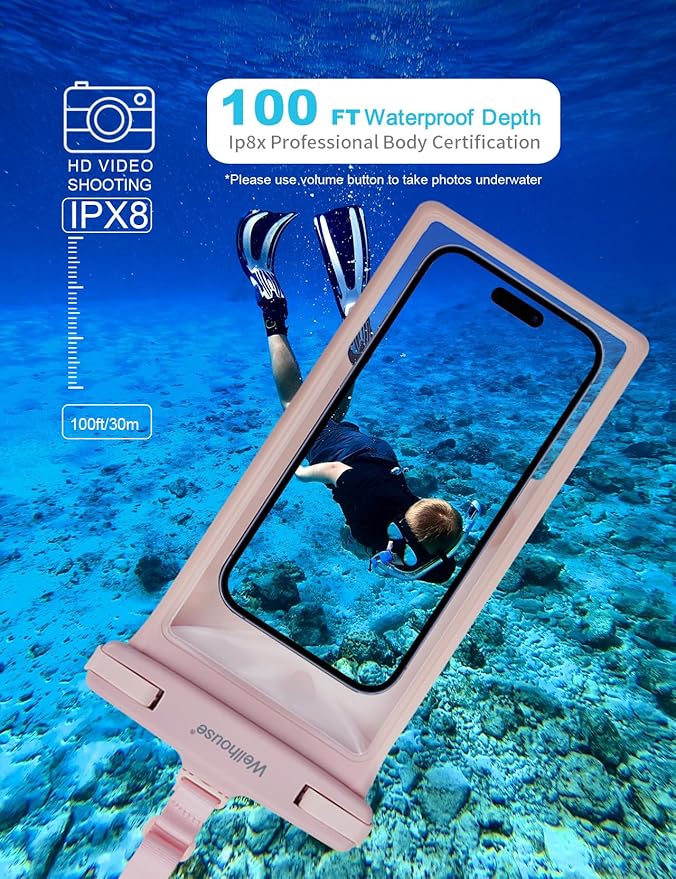 wellhouse Waterproof Phone Pouch, Waterproof Phone Case for iPhone 17 16 15 14 13 Pro Max XS Samsung, IPX8 3D Cellphone Dry Bag Beach Essentials (1 Pack - Pink8.0, 8 inch)