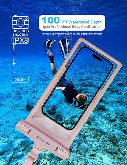 wellhouse Waterproof Phone Pouch, Waterproof Phone Case for iPhone 17 16 15 14 13 Pro Max XS Samsung, IPX8 3D Cellphone Dry Bag Beach Essentials (1 Pack - Pink8.0, 8 inch)