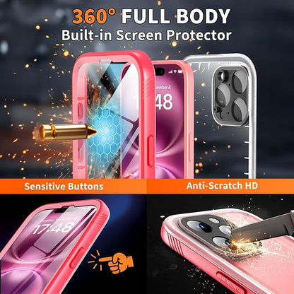 Cozycase for iPhone 16 Pro Max Case Waterproof - 360 Heavy Duty with Screen/Camera Protector Shockproof IP68 Underwater Dustproof Water Shock Proof Full Body/Front and Back Case Pink/Frosted Clear