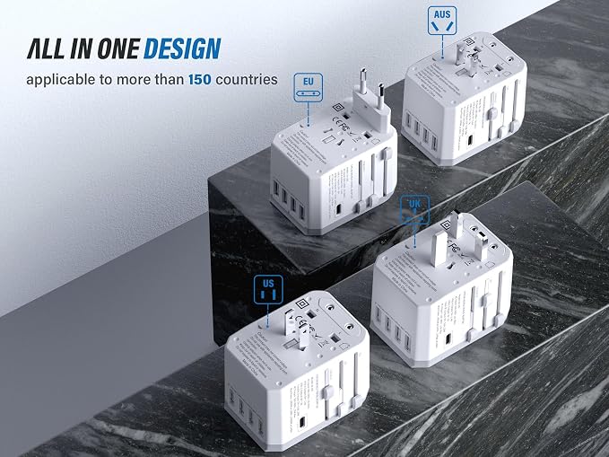 EPICKA Universal Travel Adapter, European Travel Plug Adapter - International Power Adapter Worldwide Charger with USB-C & 4 USB-A Ports, Travel Essentials for Italy, Japan, Europe, UK (TA-105, White)