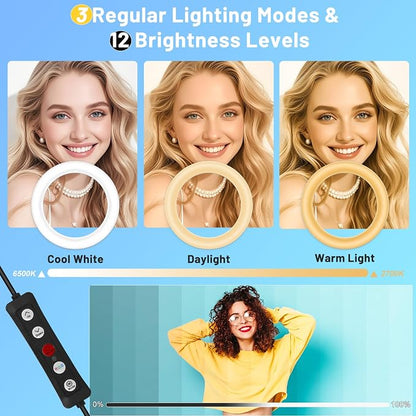 12'' Ring Light with Stand 75'' Tall & Phone Holder, 100+ Color Modes Selfie Light with Tripod Stand, Big LED Circle Lights for iPhone/Android/Camera/YouTube/Makeup/Live Stream/TikTok/Video