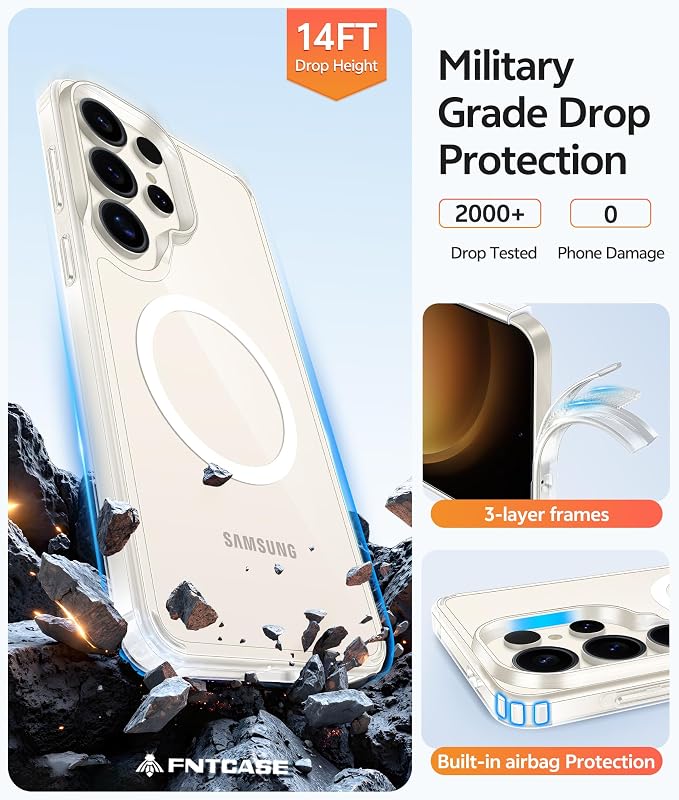 FNTCASE for Samsung Galaxy S23 Ultra Case, Compatible with Magsafe Clear | Anti Yellowing Magnetic Back, 14FT Military Grade Drop Protection, Shockproof Protective Phone Cover, Transparent