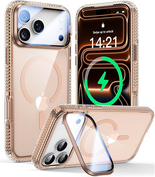 [Upgraded Full Camera Protection] for iPhone 17 Pro Max Case with Camera Cover Stand [Fit for MagSafe][10FT Mil-Grade Protection] Transparent Magnetic iPhone 17 Pro Max Phone Case, Clear Gold