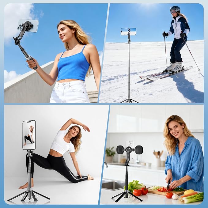 54" Magnetic Phone Tripod, Portable Selfie Stick Tripod for iPhone Magsafe with Rechargeable Remote & 2 in 1 Phone Holder, Cell Phone Stand for Video Recording, Compatible with iPhone and Android