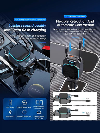 Retractable 96W Car Charger with Bluetooth 5.3 FM Transmitter for High Sound Quality, Easy Setup, 4-in-1 Fast Charging, Handsfree Calling, USB-C Adapter for iPhone 11-17