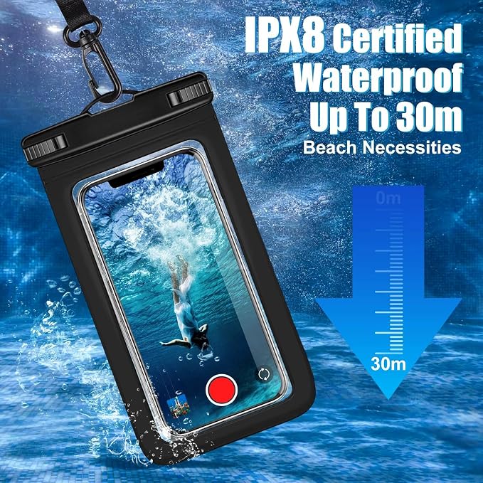 Waterproof Case Compatible with iPhone 14 Pro Max/13/12/11/XR/X/SE/8/7, Galaxy S22/S21 Google up to 7.5" IPX8 Dry Bag Vacation Essentials (Black & Clear)