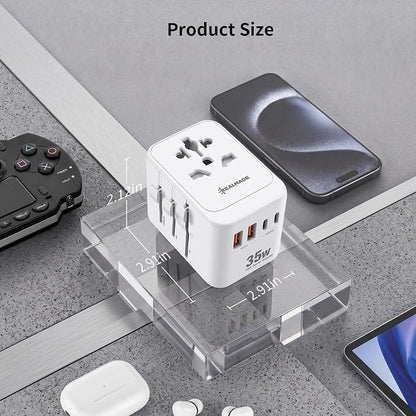 Realmade 35W PD International All-in-One Travel Adapter, 2C+2A White 5-in-1 | 5-Port 1AC 2USB-A 2USB-C all-in-one international plug for EU US UK travel essential