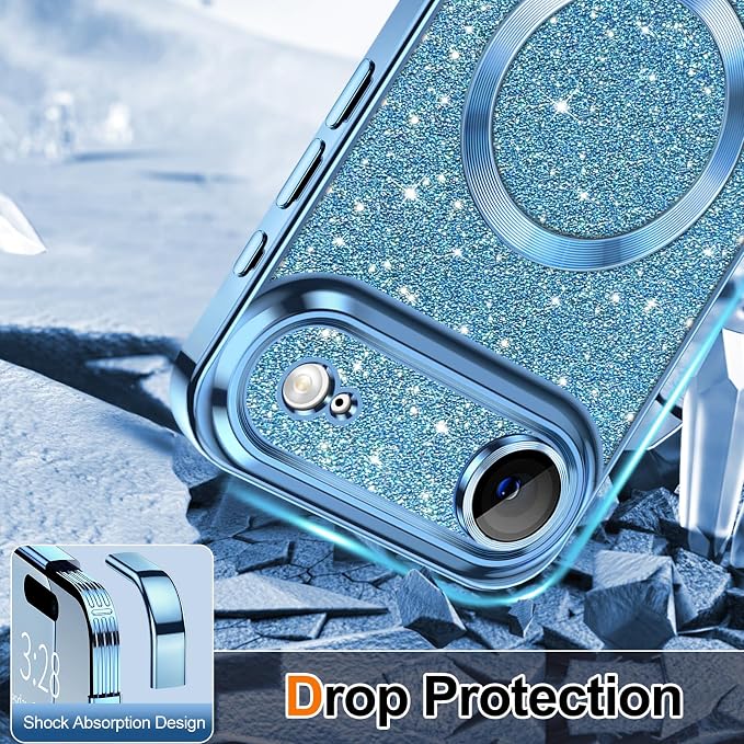 Hython for iPhone Air Case Glitter Clear Magnetic Phone Cases [Compatible with MagSafe] Full Camera Lens Protector Sparkle Luxury Plating Slim Shockproof Protective Cover Women, Light Blue