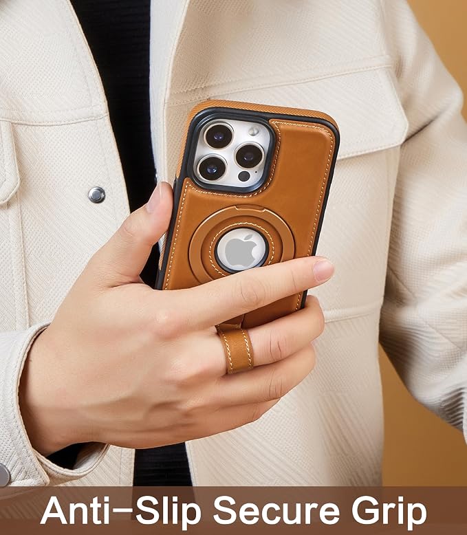 for iPhone 14 Pro Leather Case with Stand, Anti-Slip Grip Ring, Fits for MagSafe (Brown, iPhone 14 Pro)