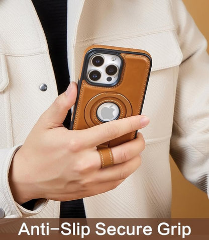 for iPhone 14 Pro Leather Case with Stand, Anti-Slip Grip Ring, Fits for MagSafe (Brown, iPhone 14 Pro)