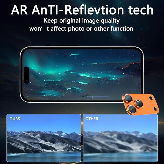 2 Pack Camera Lens Protector for iPhone 17 Pro Max,Metal AR Tempered Glass Rear Camera Screen Cover,Anti-Scratch,Strong Adsorption,Case Friendly, Easy to Install-Orange