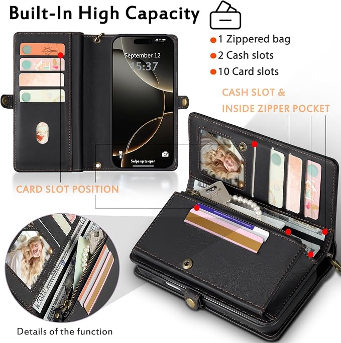for Wallet Case Compatible with iPhone 16 Pro,Multi-Function Detachable 2 in 1 Magnetic iPhone 16 Pro Case Wallet,Flip Strap Zipper Card Holder Phone Case with Shoulder Straps (Black)