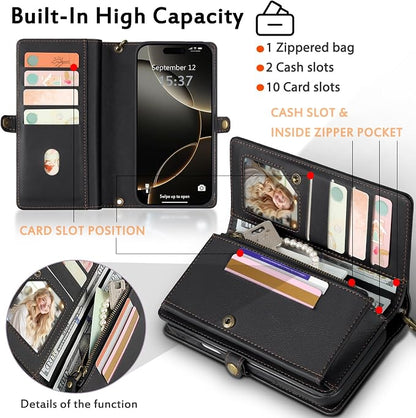 for Wallet Case Compatible with iPhone 16 Pro,Multi-Function Detachable 2 in 1 Magnetic iPhone 16 Pro Case Wallet,Flip Strap Zipper Card Holder Phone Case with Shoulder Straps (Black)