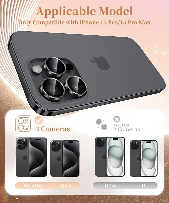 GolbinBox Camera Lens Protector for iPhone 15 Pro/15 Pro Max, 1:1 Invisible Fit, 9H Tempered Glass Ultra HD Metal Individual Camera Cover, Case Friendly, Black