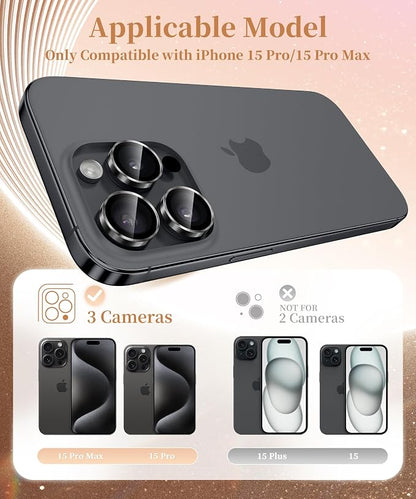 GolbinBox Camera Lens Protector for iPhone 15 Pro/15 Pro Max, 1:1 Invisible Fit, 9H Tempered Glass Ultra HD Metal Individual Camera Cover, Case Friendly, Black