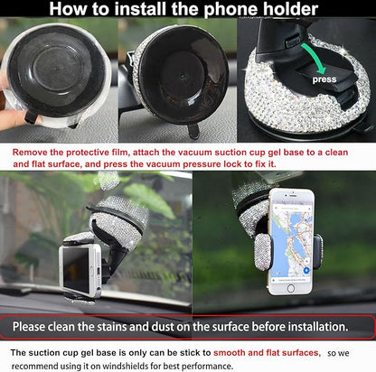 SUNCARACCL Bling Car Phone Holder, 360°Adjustable Universal Rhinestone Crystal Auto Phone Mount Stand Accessories for Windshield Dashboard and Air Outlet (White)