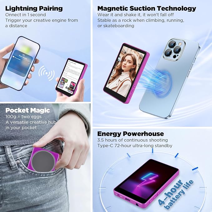 SUNPIN Vlog Selfie Monitor Screen, Wireless 4K/1080p Back Camera Monitor for iPhone & Android, Built-in Speaker for YouTube TikTok Live Streaming (Purple)