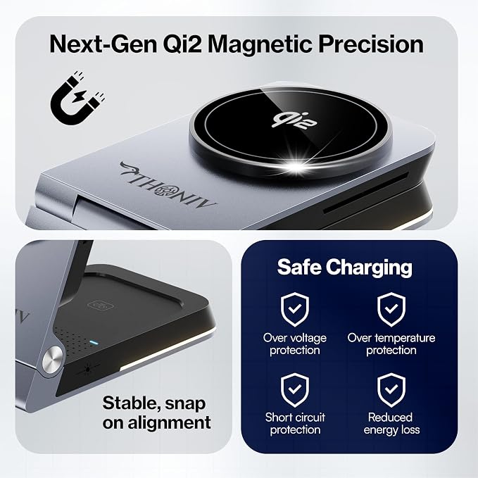 THONIV- Qi2 3-in-1 Magnetic Wireless Charging Station, Foldable 15W Fast Charger for iPhone 11–17 Series, Apple Watch and Wireless Earbuds, Portable Travel Dock, MagSafe Compatible, 30W Adapter