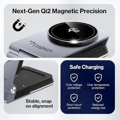 THONIV- Qi2 3-in-1 Magnetic Wireless Charging Station, Foldable 15W Fast Charger for iPhone 11–17 Series, Apple Watch and Wireless Earbuds, Portable Travel Dock, MagSafe Compatible, 30W Adapter