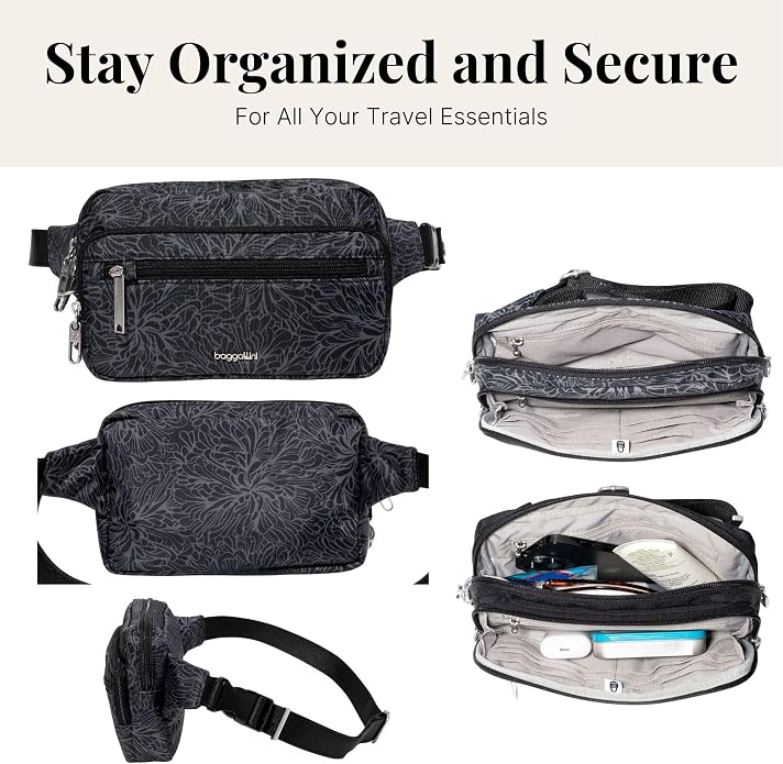 Baggallini Securtex Anti-theft Belt Bag 8.8"x5.5" Crossbody Fanny Pack for Women RFID Wallet Locking Zipper Travel Purse