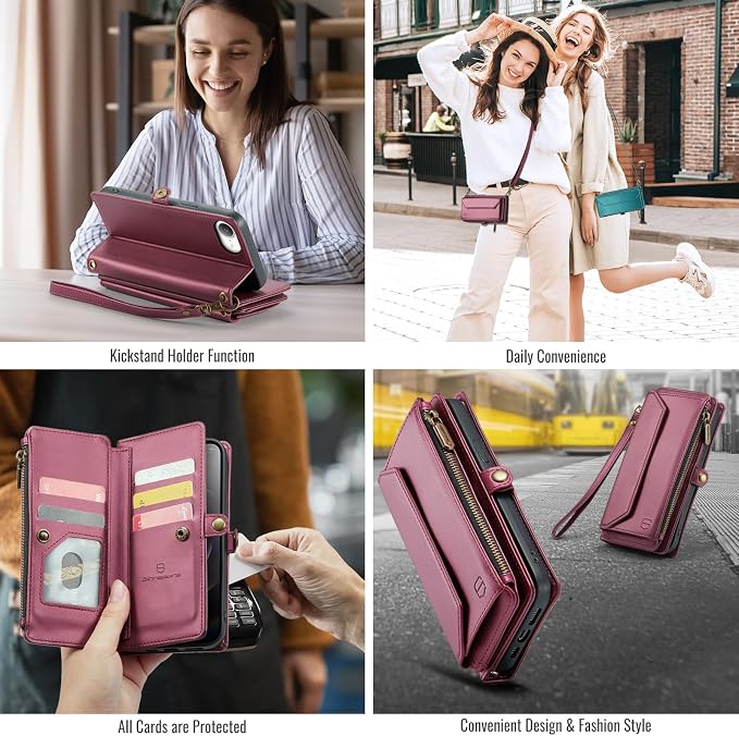 Strapurs Crossbody Wallet Case Compatible with iPhone 17e / iPhone 16e RFID Blocking 7-Card Holder PU Leather Magnetic Snap Shoulder Strap Zipper Pocket Phone Cases for iPhone 17e / 16e - Wine Red
