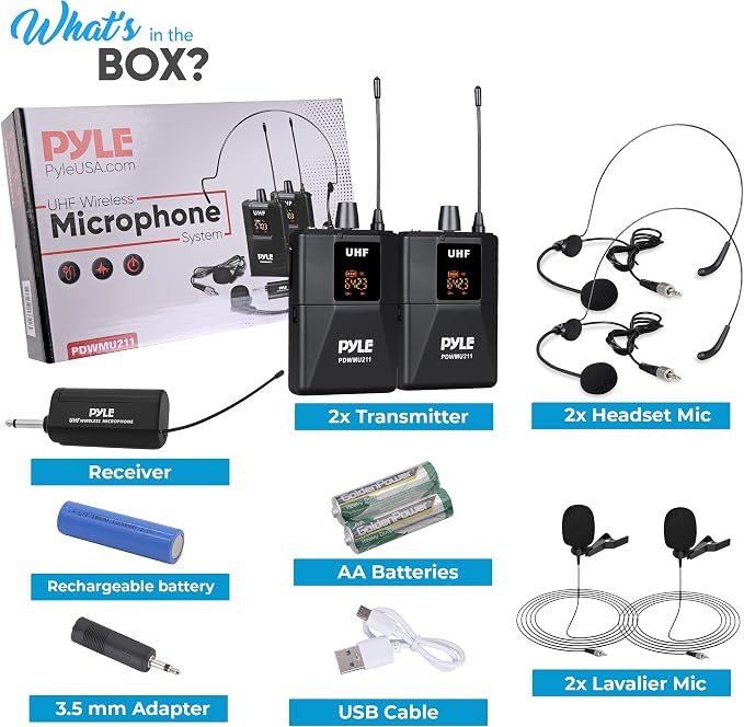 Pyle Dual UHF Microphone System - Portable Professional Cordless Microphone Set Wireless Mic Kit w/Headset / Lavalier Mic, Beltpack Transmitter, Receiver - Karaoke & Conference - Pyle PDWMU211,Black