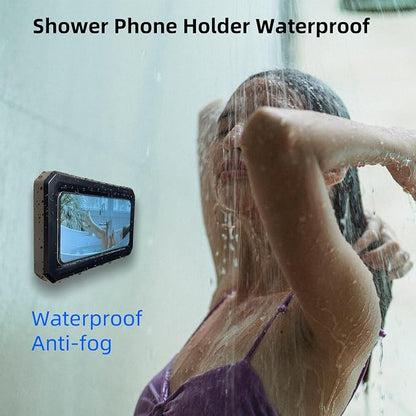 Shower Phone Holder Waterproof,480° Rotation Adjustable Wall Mount Shower Phone Case with Anti-Fog Touch Screen for Bathroom Tub Kitchen Mirror,Up to 6.8 in (Black)