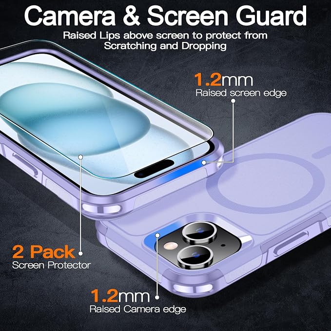 MOZOTER Magnetic for iPhone 15 Case with [2 Pcs Glass Screen Protector],[15 FT Shockproof][Compatible with Magsafe][Heavy Duty] iPhone Case for iPhone 15,Light Purple
