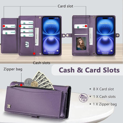 Wallet Case for iPhone 16 with Card Holder/Crossbody Wallet/Strap| RFID Blocking | Magnetic | Kickstand | Detachable | PU Leather Phone Case for iPhone 16,6.1 in,Purple