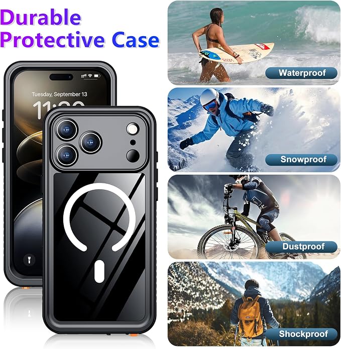 Temdan Magnetic Compatible with iPhone 17 Pro Max Case,Waterproof Built-in Screen & Camera Protector IP68 Underwater Full Body 17FT Military Dropproof Shockproof Phone Case 6.9"-Mag/Black