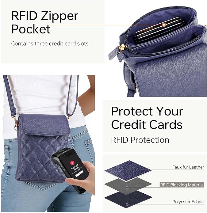 RFID Small Crossbody Purses for Women Quilted Cell Phone Purse with RFID Blocking Credit Card Slots