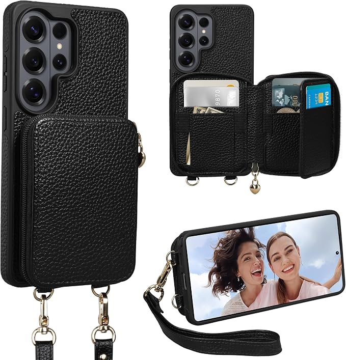 Keallce Wallet Case for Samsung Galaxy S26 Ultra 6.9",Crossbody Zipper Purse with RFID Blocking Card Slots Kickstand, Lanyard & Handstrap Flip Folio Leather Phone Cover for Galaxy S26 Ultra, Black