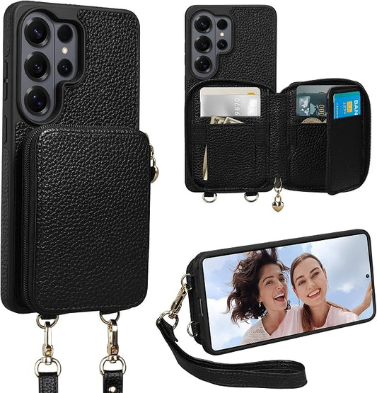 Keallce Wallet Case for Samsung Galaxy S26 Ultra 6.9",Crossbody Zipper Purse with RFID Blocking Card Slots Kickstand, Lanyard & Handstrap Flip Folio Leather Phone Cover for Galaxy S26 Ultra, Black